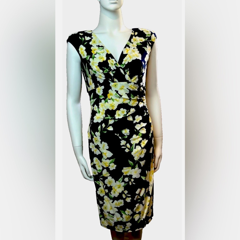 Lauren Ralph Lauren Navy & Yellow Floral V Neck Sleeveless Side Ruched Dress Sz6